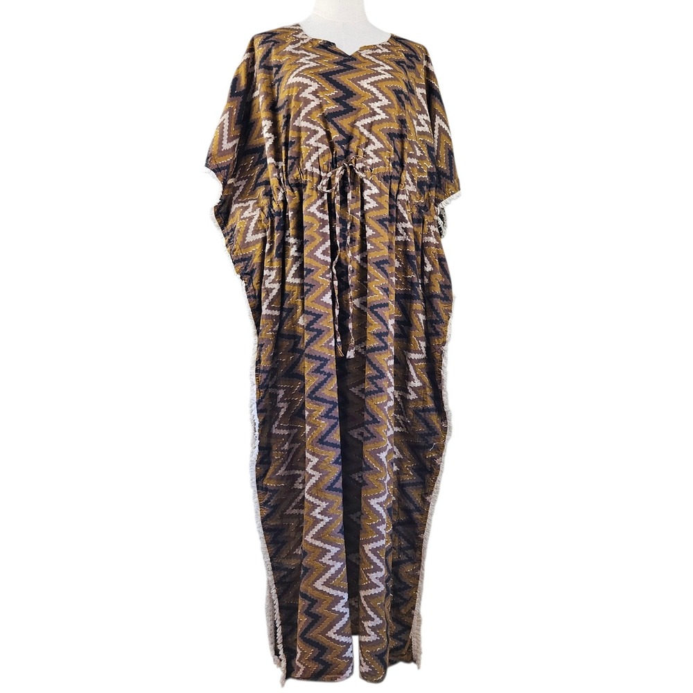 J Jessica‎ Boho Kaftan Fringe Trim OS Brown Ivory Mustard